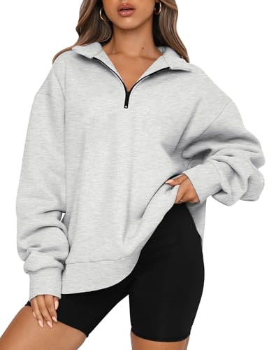 Trendy Queen Y2K Damen Oversize Half Zip Pullover Langarm Sweatshirt Viertelreißverschluss Hoodie Pullover Teenager Mädchen Herbst Y2K Kleidung, Grau, M von Trendy Queen