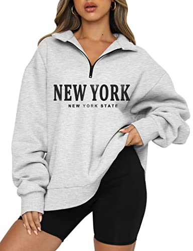 Trendy Queen Y2K Damen Oversize Half Zip Pullover Langarm Sweatshirt Viertelreißverschluss Hoodie Pullover Teenager Mädchen Herbst Y2K Kleidung, Greyny, L von Trendy Queen