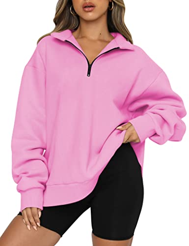 Trendy Queen Y2K Damen Oversize Half Zip Pullover Langarm Sweatshirt Viertelreißverschluss Hoodie Pullover Teenager Mädchen Herbst Y2K Kleidung, Pink, M von Trendy Queen