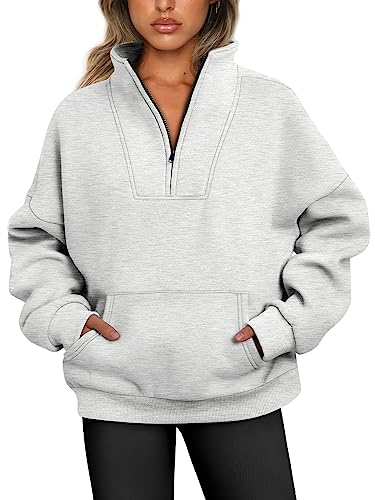 Trendy Queen Y2K Damen-Pullover mit halbem Reißverschluss, Viertelreißverschluss, übergroße Fleece-Kapuzenpullover, für Teenager, Mädchen, Herbst, Winterkleidung, GRAU, L von Trendy Queen