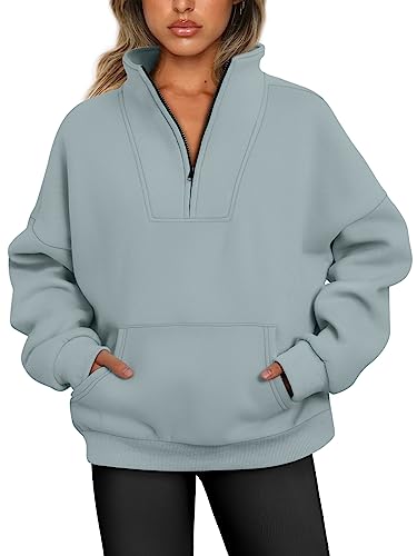 Trendy Queen Y2K Damen-Pullover mit halbem Reißverschluss, Viertelreißverschluss, übergroße Fleece-Kapuzenpullover, für Teenager, Mädchen, Herbst, Winterkleidung, Hellgrün, L von Trendy Queen