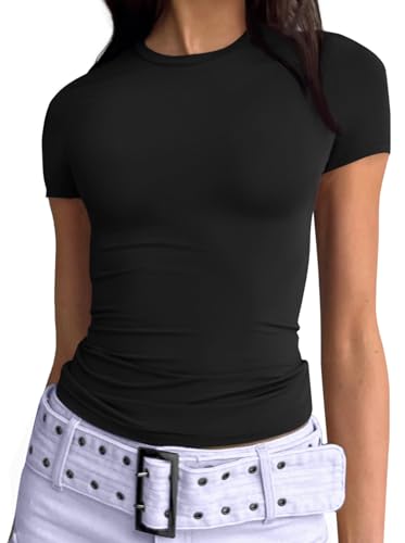 Trendy Queen Y2k-Kleidung für Damen, kurze Ärmel, T-Shirts, niedlich, schmale Passform, Schwarz, Groß von Trendy Queen