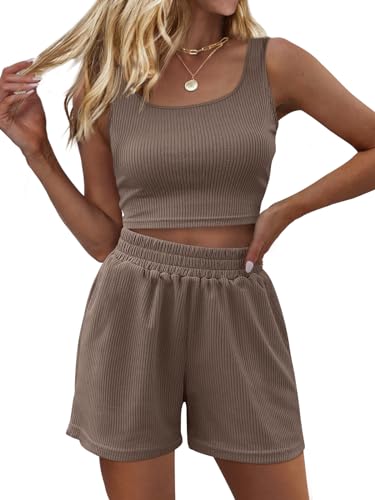 Trendy Queen Zweiteilige Outfits Damen Sommer Shorts Sets 2 Stück Ärmellos Passendes Lounge Crop Top und Hohe Taille Shorts, Kaffeegrau, Small von Trendy Queen