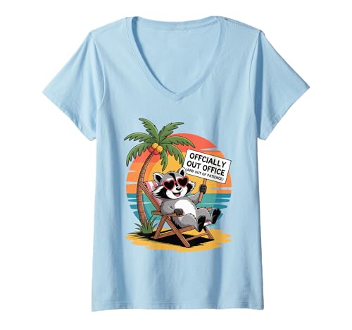 Damen Lustiges Waschbär Out of Office Urlaub Shirt Sommer Strand Witz T-Shirt mit V-Ausschnitt Damen Lustiges Waschbär Out of Office Urlaub Shirt Sommer Strand Witz T-Shirt mit V-Ausschnitt von Trendy Relaxed Vacation Humor Graphic Apparel Co