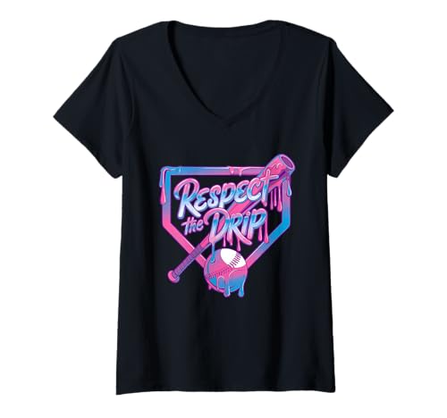 Damen Respect The Drip Baseball Tropfender Schläger Homeplate T-Shirt mit V-Ausschnitt von Trendy Respect The Drip Sport Streetwear Baseball