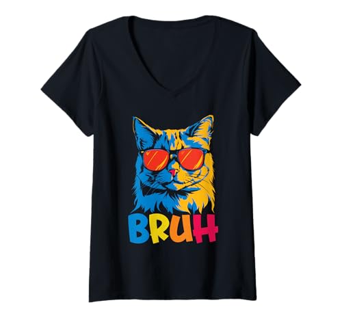 Damen Lustiges Katzengesicht Sonnenbrille Bruh Meme Retro Humor Trendy Cat T-Shirt mit V-Ausschnitt Damen Lustiges Katzengesicht Sonnenbrille Bruh Meme Retro Humor Trendy Cat T-Shirt mit V-Ausschnitt von Trendy Retro Funny Cat Meme Graphic Apparel Co.
