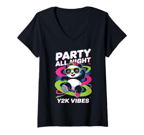 Damen Party Panda Ganznachthemd Y2K Vibes Retro Panda Cool Dance T-Shirt mit V-Ausschnitt Damen Party Panda Ganznachthemd Y2K Vibes Retro Panda Cool Dance T-Shirt mit V-Ausschnitt von Trendy Retro Panda Party Cool Animal Graphic Shirt