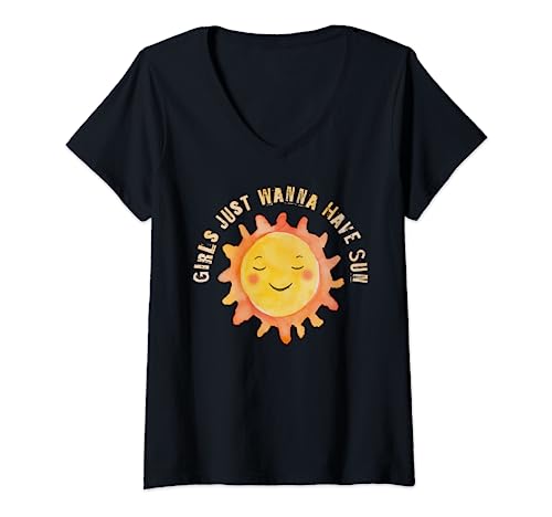 Damen Girls Just Wanna Have Sun Uraub T-Shirt mit V-Ausschnitt von Trendy Women Summer Sun And Fun Designs
