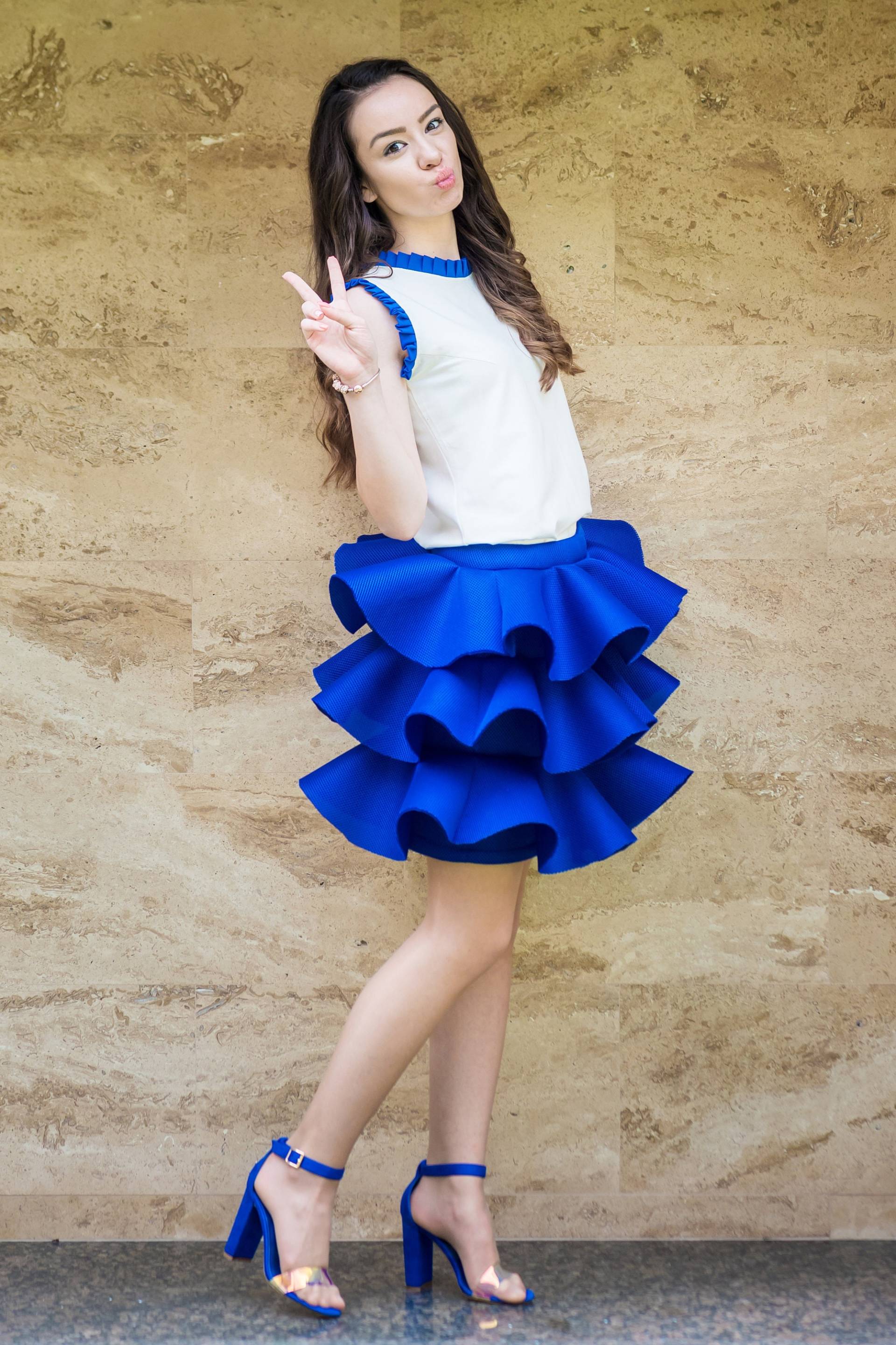 Minirock Faltenrock Blauer Rock Rüschenrock Neoprenrock Layout Mama Und Ich Outfits Foto Requisiten Deep Blue Mutter Tochter Passend von TrendyBG