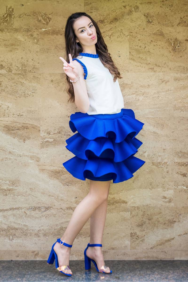 Minirock Faltenrock Blauer Rock Rüschenrock Neoprenrock Layout Mama Und Ich Outfits Foto Requisiten Deep Blue Mutter Tochter Passend von TrendyBG