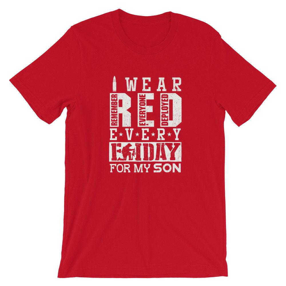Ich Trage Rot Für Meinen Sohn Erinnern Alle Eingesetzt Militärarmee Familie Red Freitag Shirt Unisex Jersey Kurzarm T-Shirt von TrendyFindsCo