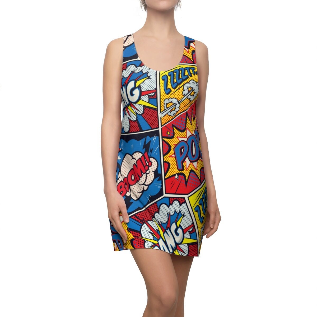 Pop Art Kleid, Comic Strip Retro Print Ärmelloses Tageskleid, Mehrfarbiges Kleid von TrendyHipBuysVintage