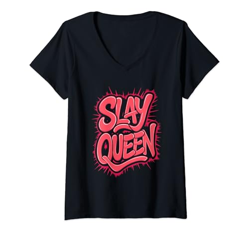 Damen Auffälliges Design von Slay Queen T-Shirt mit V-Ausschnitt von TrendyPhrase Creations