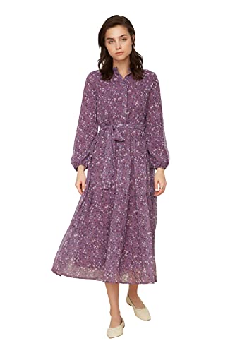 Trendyol Modest Damen Floral Pattern Belt Detailed Hemmed Chiffon Weaving Dress, Lila, 42 EU von TRENDYOL