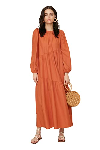 TRENDYOL Damen Shrew Detailliertes Rundkragen-popel-gewege-kleid Dress, Zimt, 34 EU von TRENDYOL