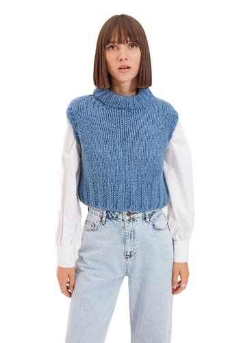 TRENDYOL Damen Crew Neck Plain Fitted Vest Sweater, Blau, M EU von TRENDYOL