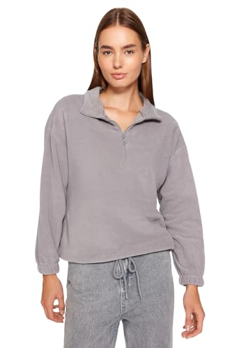 TRENDYOL Damen Graue Reißverschluss Detailliertes Fleece Gestricktes Sweatshirt, Grau, S EU von TRENDYOL