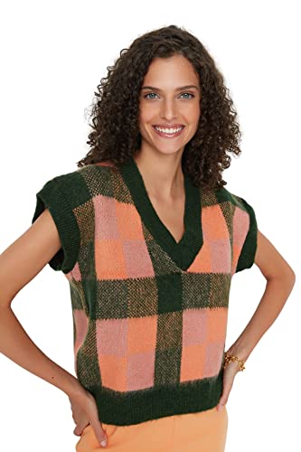 TRENDYOL Damen V-neck Plaid Regular Vest Sweater, Grün, M EU von TRENDYOL