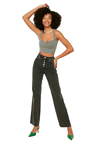 Trendyol Damen High Waist 90's Wide Leg From Anthracite Front Button Jeans, Anthracite, 38 EU von TRENDYOL