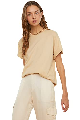 Trendyol Damen Trendyol 100% baumwolle fahrrad kragen freund gestrickt t-shirt T-Shirt, Beige, XS/S von TRENDYOL