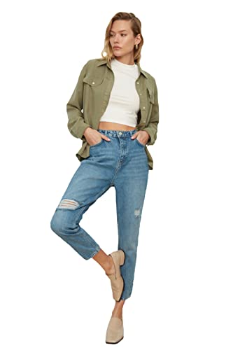 TRENDYOL Damen Mørkeblå Ripped Detaljeret højtaljede Mors Jeans, Dunkelblau, 40 EU von TRENDYOL