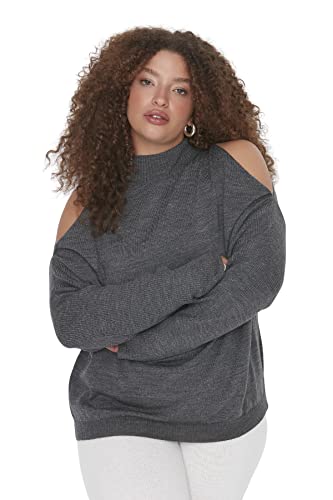 Trendyol Damen Relaxed Fit Basic Rundhals Strickwaren Plus Size Pullover Sweatshirt, anthrazit, 5XL Größen von TRENDYOL