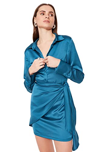 Trendyol Damen Regular Shift Revers Kragen Gewebtes Kleid, smaragdgrün, 38 von TRENDYOL