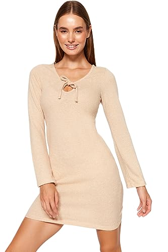 TRENDYOL Damen Woman Mini Wickelschnitt Hochabschließender Kragen Webstoff Kleid, Beige, XL von TRENDYOL