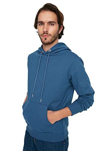 TRENDYOL Herren Tendyol Male Regular Yoke Broken Kangaroo Pockets Long Sleeve Hooded Sweatshirt, Indigoblau, L EU von TRENDYOL