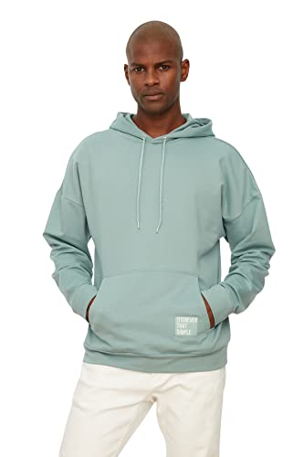 TRENDYOL Herren Trendyol Men's Oversized Long Sleeve Label Applique Basic Hooded Sweatshirt, Mint, L EU von TRENDYOL