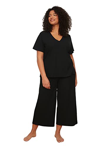 Trendyol Damen Pyjama-Set, einfarbig, T-Shirt, Hose, Übergröße Pyjamaset, Schwarz, 3X-Large Plus von TRENDYOL