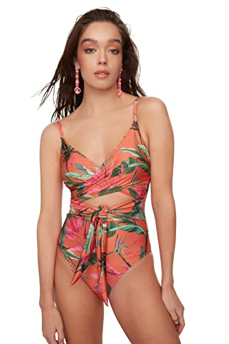 TRENDYOL Damen Detaillierter Badeanzug Binden Blumenmuster One Piece Swimsuit, Sehr Farbvoll, 40 EU von TRENDYOL