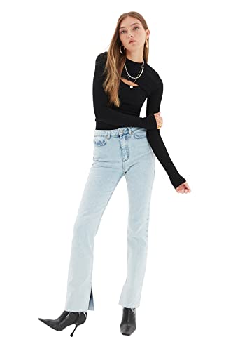 Trendyol, hohe Taille schlanke Flare-Jeans mit blauem RIP, Blau, 38 von TRENDYOL