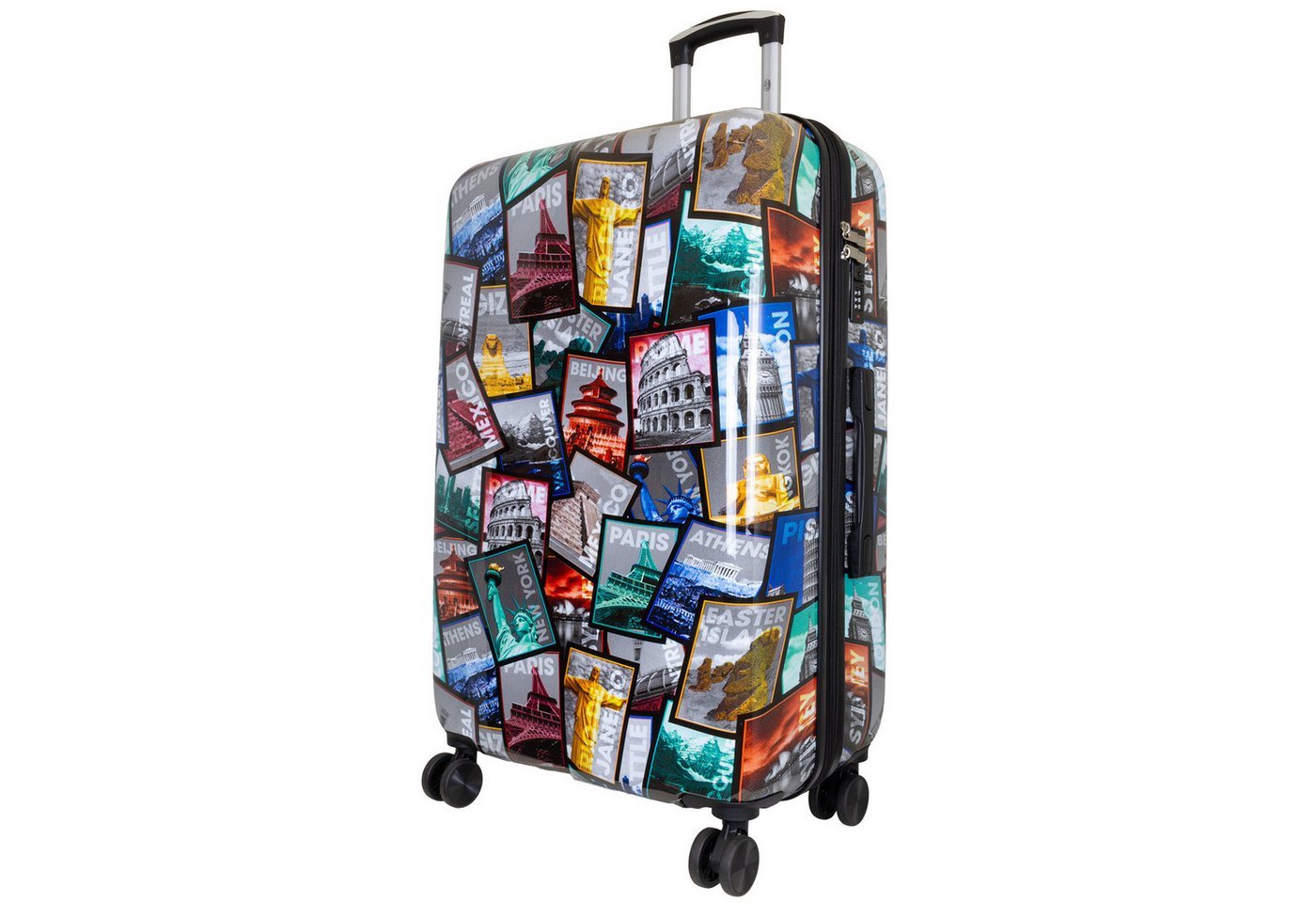 Trendyshop365 Hartschalen-Trolley City, bunter Koffer mit Motiv, 3 Größen, 4 Rollen, Zahlenschloss, Polycarbonat, Dehnfalte von Trendyshop365