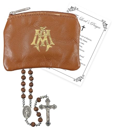 Rosenkranz-Tasche aus Kunstleder mit Reißverschluss für Damen und Herren, Holz-Rosenkranz mit handgefertigten Perlen, Gebetskarte des Herrn, brauner Rosenkranzbeutel, katholisches Etui mit Ava Maria von Trendzeen
