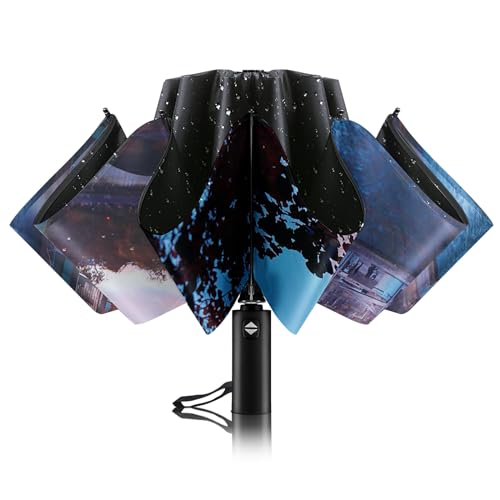 Trenovo Winddichter Reise-Regenschirm mit reflektierenden Streifen, umgekehrter kompakter Regenschirm für Regen, tragbar, groß, faltbar, Sonnenschirm, UV-Automatik, umgekehrter Regenschirm für von Trenovo