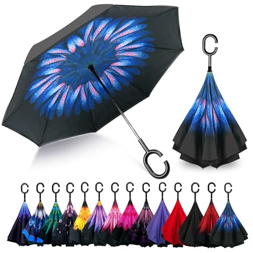 Trenovo Umgekehrter Regenschirm – 2023 Pro-Series Winddichter Regenschirm mit C-förmigem Griff, Anti-UV-Regenschirm von innen nach außen Für Auto, W. Omen and Men (Chaotische Blumen) von Trenovo
