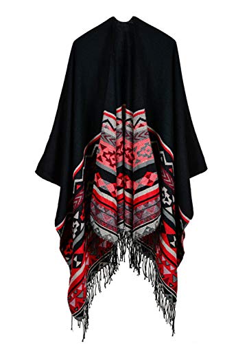 Très Chic Mailanda Damen Poncho Cape Schal Blumenmuster mit oder ohne Fransen (Schwarz) von Très Chic Mailanda