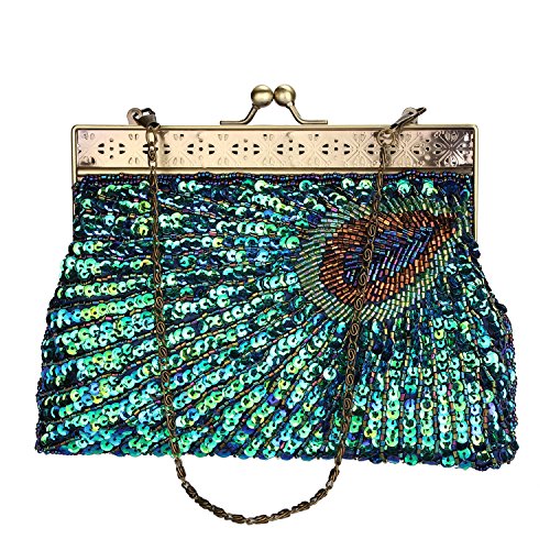 Très Chic Mailanda Luxus bestickte Pfauenleder Clutch Handtasche Tasche Abendtasche Ball Theater Oper Party Hochzeit Pailetten Glasperlen Handarbeit Tasche viele Farben (Pfau Blau) von Très Chic Mailanda