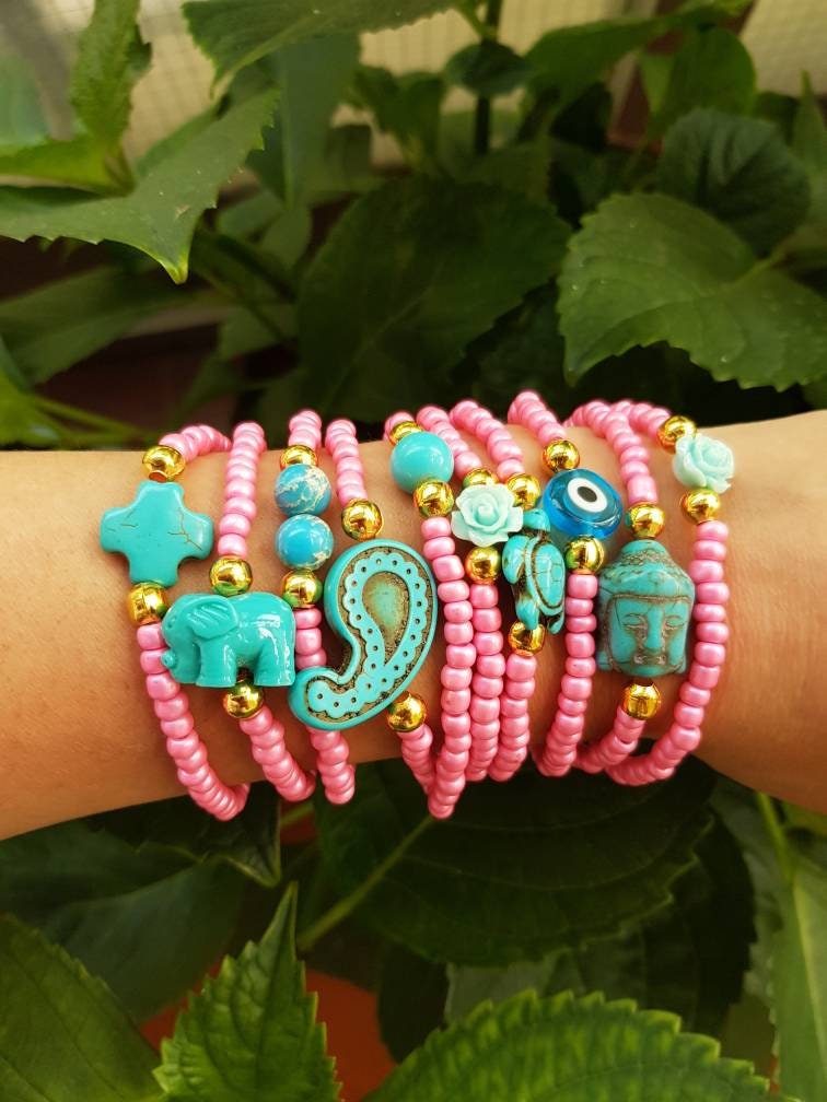 10 Armband-Set - Rosa Freundschaftsarmbänder Boho Chic Summer Buddha-Perle Schichten Armbänder Perlenarmbänder Stapeln Weihnachten von TresJoliePT