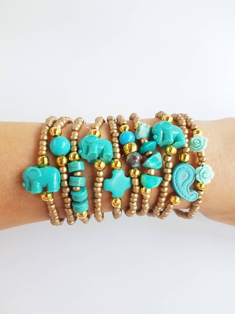 10 Freundschaftsarmbänder - Boho Chic Layering Goldene Sommerarmbänder Blaue Rose Elefant Geschichtete Armbänder Stapelbar Armbandset von TresJoliePT