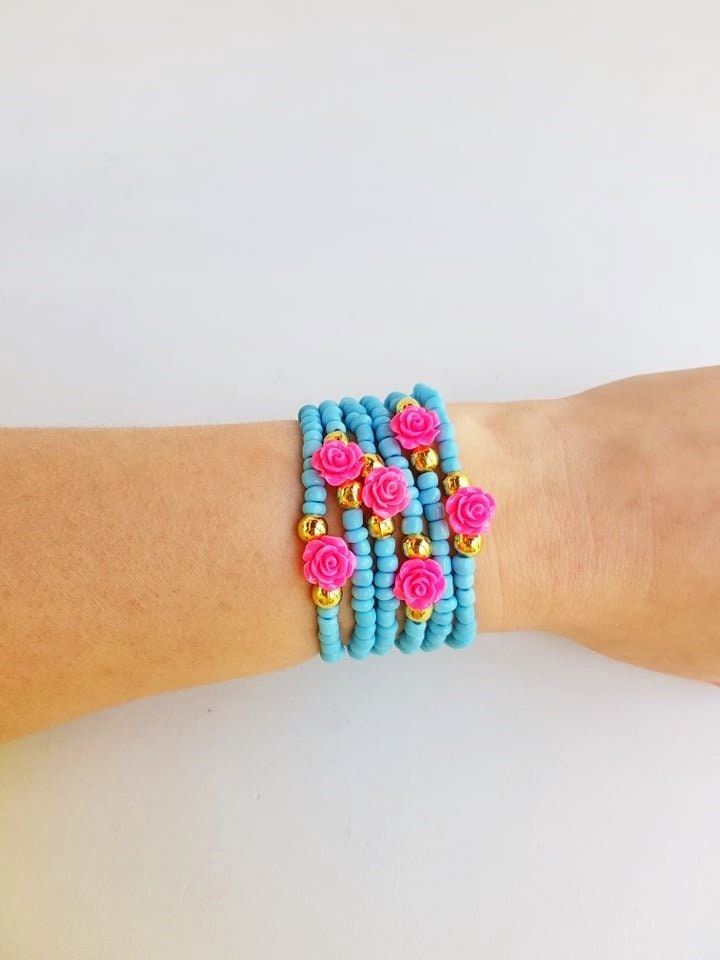 Blau Und Rosa Armband - Kleinkind-Geschenk Baby Mädchen Kleine Schmuck Armbänder Boho Blumenperlen von TresJoliePT