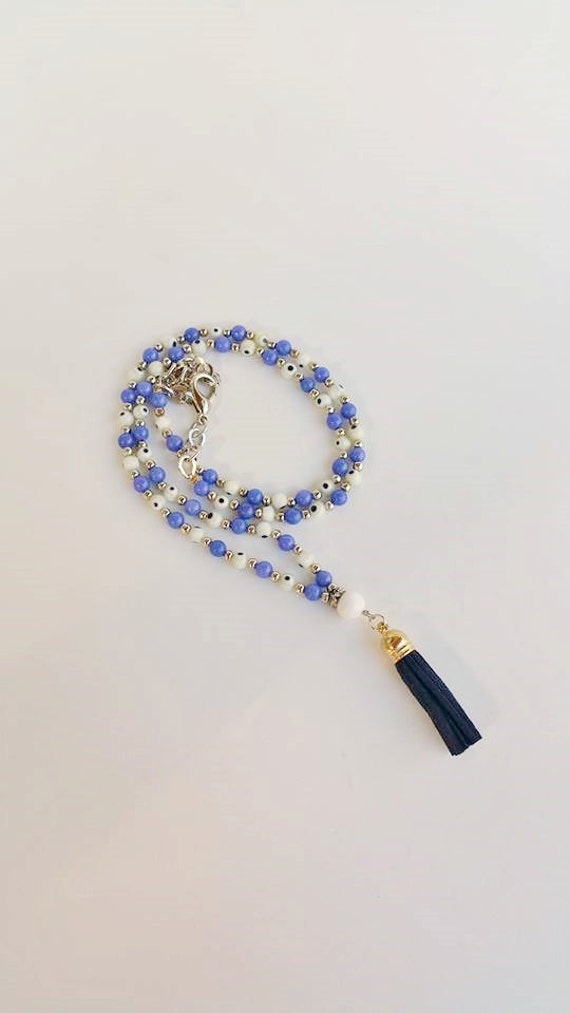 Böses Auge Halskette - Quaste Halsketten Lange Boho Edelstein Mala Yoga Weiß Blau Böse Schmuck Böses Auge Halskette - Quaste Halsketten Lange Boho Edelstein Mala Yoga Weiß Blau Böse Schmuck von TresJoliePT