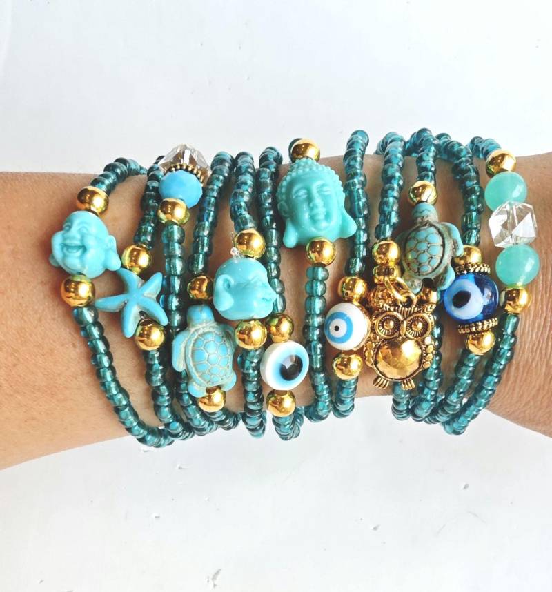 Buddha - Freundschaftsarmbänder Stretch-Armbänder Armbandstapel Layering Meeresblau Armband Mit Bösem Blick Türkisfarbener Boho von TresJoliePT