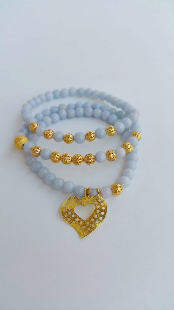 Edelsteinarmband Set Von Drei Perlen Armbänder - Herz-Armband Stretch Edelstein Armband Yoga-Armband Filigranen Schmuck Boho-Schick von TresJoliePT