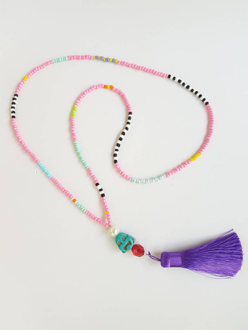 Extra Lange Halskette - Quastenketten Handgemachte Quaste Boho-Halskette Rosa Boho-Schmuck Lang Perlenschmuck, Boho von TresJoliePT
