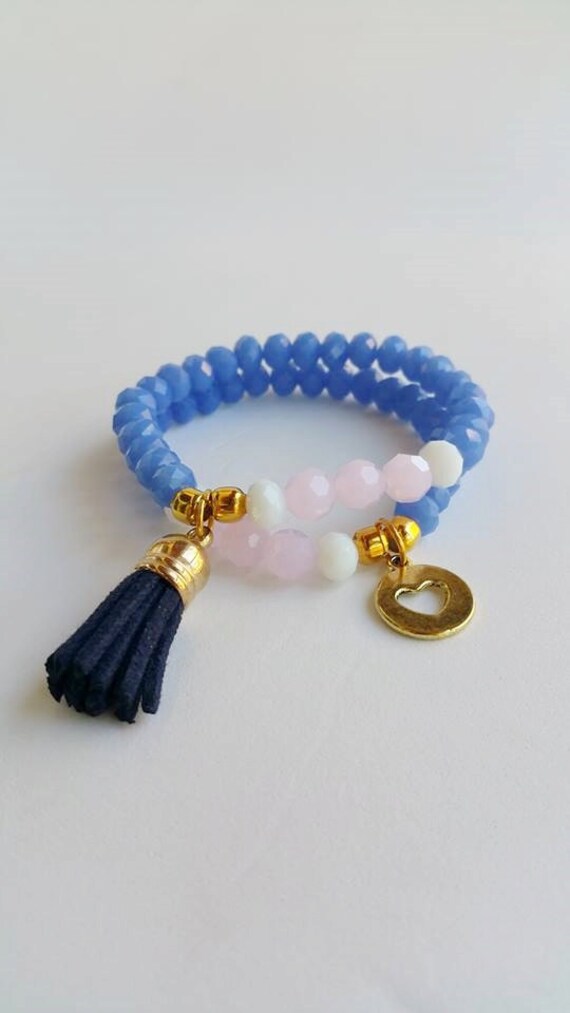 Facettierter Edelstein Perlen Armbänder - Stretch-Armband Rosa Und Blaue Edelsteinarmband Herz Schmuck Quaste Armband Boho Facettierter Edelstein Perlen Armbänder - Stretch-Armband Rosa Und Blaue Edelsteinarmband Herz Schmuck Quaste Armband Boho von TresJoliePT
