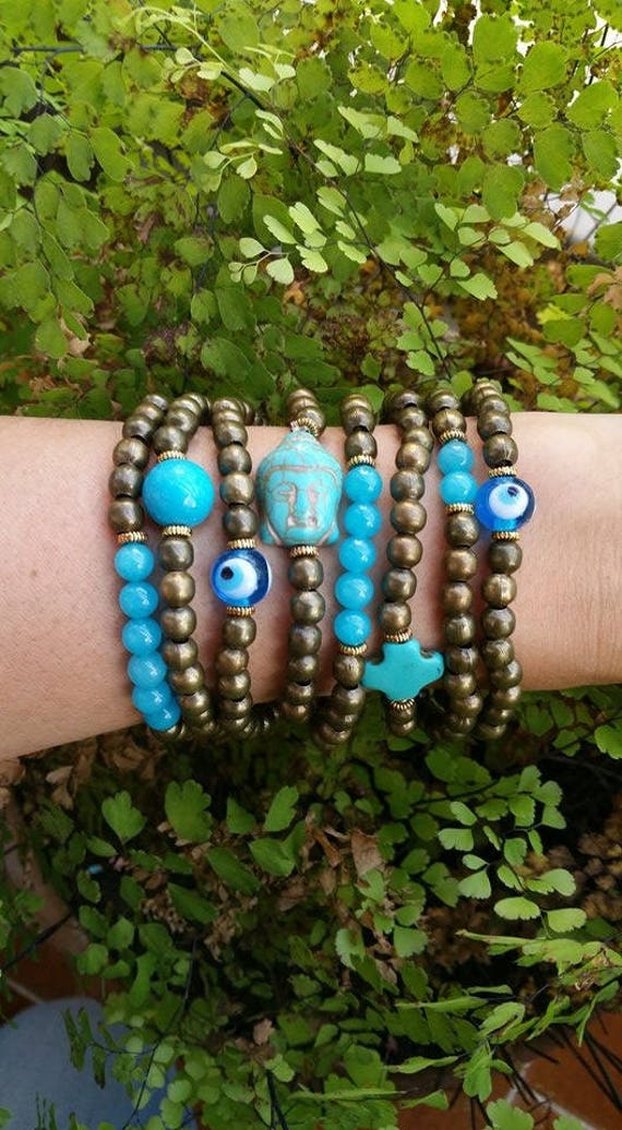 Kupfer-Metall-Perlen - Amulettarmband Schutz Stretch-Armbänder Buddha Schmuck Stapeln Set Amulette Auge Yoga Boho Kupfer-Metall-Perlen - Amulettarmband Schutz Stretch-Armbänder Buddha Schmuck Stapeln Set Amulette Auge Yoga Boho von TresJoliePT
