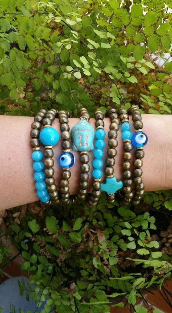 Kupfer-Metall-Perlen - Amulettarmband Schutz Stretch-Armbänder Buddha Schmuck Stapeln Set Amulette Auge Yoga Boho von TresJoliePT