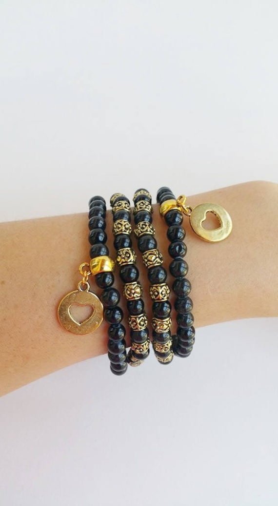 Perlen-Stretch-Armband, Steinperlen, Schwarzes Armband-Set, Stretch-Armband, Layering-Armbänder, Dehnbare Armbänder, Geschenke Unter 50, Boho von TresJoliePT